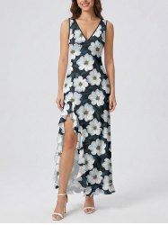Flowers Leaf Print Hawaii Ruffles Split Surplice Dress - Paon Bleu XS