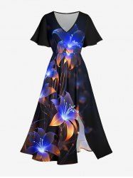 Flower Glitter 3D Print Surplice Hawaii Midi Dress -  