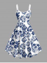 Robe débardeur hawaïenne grande taille à imprimé couronne, crâne et fleurs - Bleu profond M