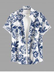 Chemise hawaïenne grande taille pour homme, à imprimé floral et tête de mort, boutons et poche, style couronne. - Bleu profond 4XL
