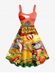 Robe débardeur hawaïenne grande taille à imprimé hibiscus, requins, jus de fruits et pastèque - Orange 4X