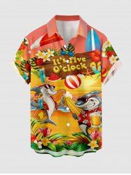 Chemise hawaïenne grande taille pour homme, à boutons et poches, avec imprimé hibiscus, requins, jus de fruits et pastèque. Motifs : fleurs d'hibiscus, requins et pastèque. - Orange 4XL