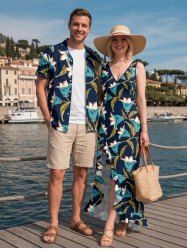 Flower Leaf Branch Print Matching Hawaii Beach Outfit For Couples - Cadetblue 