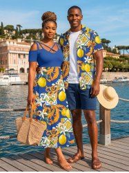 Flower Leaf Lemon Print Matching Hawaii Beach Outfit For Couples - Bleu 