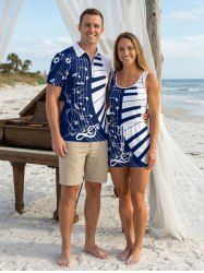 Matching Hawaii Shirt and Romper Beach Outfit Piano Music Symbol Print For Couples -  