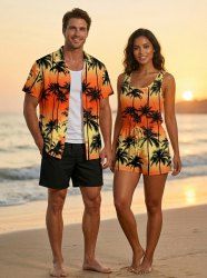Matching Hawaii Shirt and Romper Beach Outfit Coconut Tree Ombre Print for Couples -  