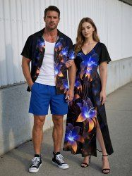 Ensemble de plage hawaïen assorti pour couples, imprimé 3D à fleurs pailletées, grandes tailles - Noir 