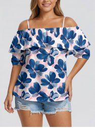 Blouse hawaïenne à imprimé floral aquarelle grande taille, épaules dénudées et volants, style aquarelle - Rose  3XL