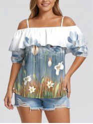 Flower Plant Print Hawaii Ruffles Cold Shoulder Blouse -  