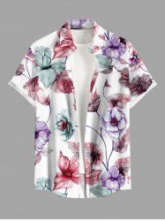Plus Size Flower Leaf Branch Print Hawaii Button Pocket Shirt For Men -  