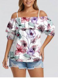 Flower Leaf Branch Print Hawaii Cold Shoulder Ruffles Blouse -  