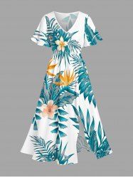 Tropical Leaf Hibiscus Flower Print Hawaii Split Pocket A Line Midi Dress -  