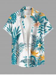 Tropical Leaf Hibiscus Flower Print Hawaii Button Pocket Shirt For Men -  