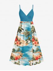 Plus Size Coconut Tree Sea Hibiscus Flower Print Hawaii Surplice A Line Cami Dress - Bleu Ciel 6X