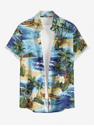 Coconut Tree Sea Tropical Leaf Hibiscus Flower Print Hawaii Button Pocket Shirt For Men - Bleu 2XL