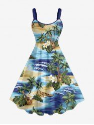 Plus Size Coconut Tree Sea Tropical Leaf Hibiscus Flower Print Hawaii A Line Dress - Bleu XS