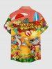 Chemise hawaïenne grande taille pour homme, à boutons et poches, avec imprimé hibiscus, requins, jus de fruits et pastèque. Motifs : fleurs d'hibiscus, requins et pastèque. - Orange 4XL