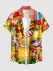 Chemise hawaïenne grande taille pour homme, à boutons et poches, avec imprimé hibiscus, requins, jus de fruits et pastèque. Motifs : fleurs d'hibiscus, requins et pastèque. - Orange 4XL