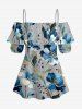 Blouse hawaïenne grande taille à imprimé floral et feuilles, épaules dénudées et volants, style hawaïen - Gris Foncé 2XL