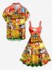 Robe débardeur hawaïenne grande taille à imprimé hibiscus, requins, jus de fruits et pastèque - Orange 2X