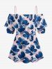 Blouse hawaïenne à imprimé floral aquarelle grande taille, épaules dénudées et volants, style aquarelle - Rose  L