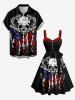 Plus Size Skull Snake Patriotic American Flag Print Button A Line Dress with Removable Belt -  