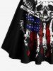 Plus Size Skull Snake Patriotic American Flag Print Button A Line Dress with Removable Belt -  