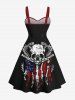 Plus Size Skull Snake Patriotic American Flag Print Button A Line Dress with Removable Belt -  