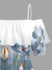 Flower Plant Print Hawaii Ruffles Cold Shoulder Blouse -  