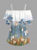 Flower Plant Print Hawaii Ruffles Cold Shoulder Blouse -  