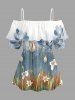 Flower Plant Print Hawaii Ruffles Cold Shoulder Blouse -  
