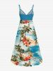 Plus Size Coconut Tree Sea Hibiscus Flower Print Hawaii Surplice A Line Cami Dress - Bleu Ciel 6X