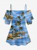 Blouse grande taille à imprimé cocotier, plage et hawaïenne, épaules dénudées et volants - Bleu Ciel XL