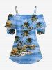 Blouse grande taille à imprimé cocotier, plage et hawaïenne, épaules dénudées et volants - Bleu Ciel XL