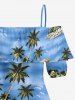 Blouse grande taille à imprimé cocotier, plage et hawaïenne, épaules dénudées et volants - Bleu Ciel XL