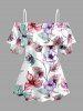 Flower Leaf Branch Print Hawaii Cold Shoulder Ruffles Blouse -  