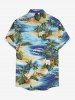 Coconut Tree Sea Tropical Leaf Hibiscus Flower Print Hawaii Button Pocket Shirt For Men - Bleu 2XL