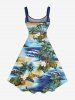 Plus Size Coconut Tree Sea Tropical Leaf Hibiscus Flower Print Hawaii A Line Dress - Bleu XS