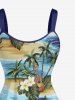 Plus Size Coconut Tree Sea Tropical Leaf Hibiscus Flower Print Hawaii A Line Dress - Bleu XS