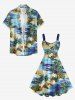 Plus Size Coconut Tree Sea Tropical Leaf Hibiscus Flower Print Hawaii A Line Dress - Bleu XS