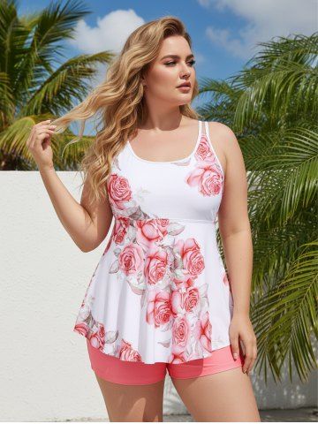 Maillot de Bain Tankini Modeste Courbe à Imprimé Rose à Taille Haute Grande Taille - LIGHT PINK - L