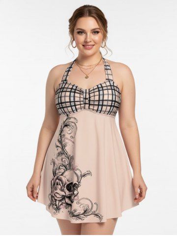 Plus Size & Curve Halter Plaid Skull Print Backless Gothic Modest Tankini  Swimsuit - LIGHT ORANGE - 4X