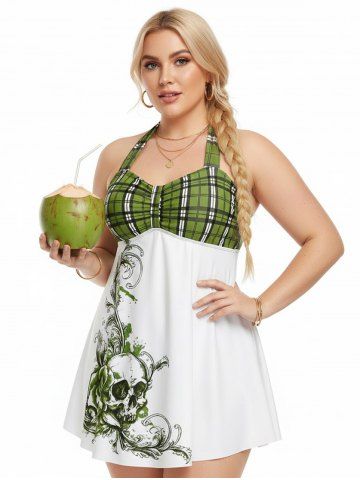 Maillot de bain tankini dos nu à carreaux et imprimé tête de mort, style gothique, grandes tailles et courbes. - MUSTARD GREEN - 3X