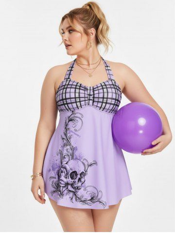 Plus Size & Curve Halter Plaid Skull Print Backless Gothic Modest Tankini  Swimsuit - PURPLE - 3X