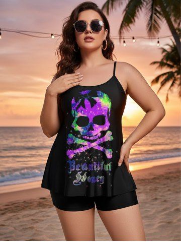Plus Size Skull Glitter Print Boyshorts Tankini Swimsuit (Adjustable Shoulder Strap) - PURPLE - 3X
