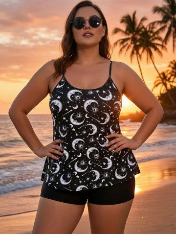 Gothic 3D Moon Star Glitter Print Boyleg Tankini Swimsuit (Adjustable Shoulder Strap) - Black - 4x