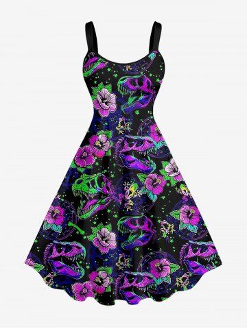 Plus Size Flowers Frog Dinosaur Stars Print Hawaii Tank Dress - PURPLE - S