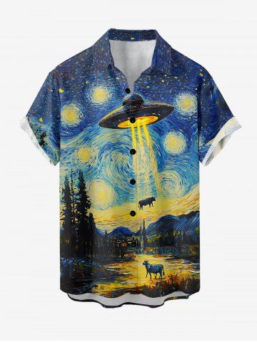 Chemise hawaïenne grande taille pour homme, avec poche et boutons, motif peinture à l'huile lune, OVNI, vaches et montagne. Motifs : peinture à l'huile, lune, OVNI, vaches. Elle est ornée d'un imprimé montagne. Elle est idéale pour les hommes. - BLUE - S