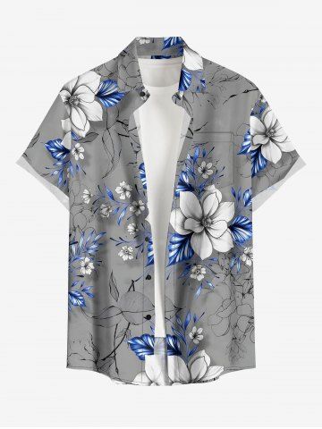Chemise hawaïenne grande taille à imprimé floral et feuilles, boutons et poches pour homme - GRAY - 6XL