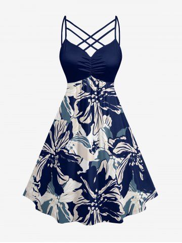 Robe hawaïenne grande taille à imprimé floral et feuilles, froncée et bretelles croisées. - DEEP BLUE - 5X